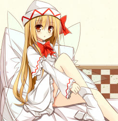 Rule 34 | 1girl, blonde hair, bow, brown eyes, capelet, dress, fairy wings, hat, hat bow, lily white, long hair, long sleeves, looking at viewer, open mouth, pillow, sitting, sock pull, solo, touhou, very long hair, white dress, wide sleeves, wings, yuuhagi (amaretto-no-natsu)