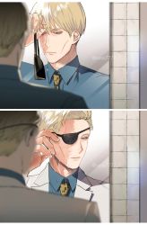 Rule 34 | 1boy, alternate universe, animal print, blonde hair, blue shirt, collared shirt, commentary, english commentary, eyepatch, formal, grey suit, highres, jujutsu kaisen, leopard print, long sleeves, male focus, mirror, nanami kento, necktie, reflection, scar, scar on face, shirt, short hair, solo, ssss7777 7, suit, upper body