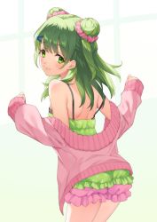 Rule 34 | 1girl, bare shoulders, blush, camisole, closed mouth, commentary, double bun, green camisole, green eyes, green hair, hair between eyes, hair bun, hair ornament, hairclip, hands up, highres, jacket, long sleeves, looking at viewer, looking back, morinaka kazaki, mosomoso, nijisanji, off shoulder, open clothes, open jacket, pink jacket, pink shorts, polka dot, polka dot camisole, short shorts, shorts, shoulder blades, sidelocks, sleeves past wrists, smile, solo, virtual youtuber, window