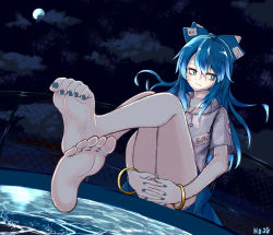 Rule 34 | 1girl, 367gou, bad id, bad pixiv id, bangle, barefoot, blue bow, blue eyes, blue hair, blue skirt, bow, bracelet, cloud, cloudy sky, commentary request, covering privates, covering crotch, debt, expressionless, feet, fence, fingernails, foot focus, foreshortening, full body, full moon, hair bow, highres, hood, hoodie, interlocked fingers, jewelry, legs up, long hair, looking away, looking to the side, moon, nail polish, night, night sky, own hands together, pool, poolside, sitting, skirt, sky, soles, solo, star (sky), starry sky, toe scrunch, toenail polish, toenails, toes, touhou, water, water surface, wire fence, yorigami shion