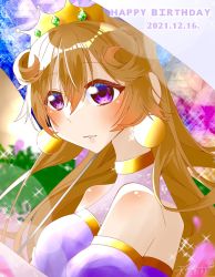 Rule 34 | 1girl, artist name, artist request, blush, bracelet, breasts, brown hair, butterfly (love live!), choker, cleavage, close-up, clothing cutout, collarbone, cropped shirt, crown, detached sleeves, double bun, dress, dress shirt, earrings, female focus, gold bracelet, hair between eyes, hair bun, hair rings, harem outfit, highres, jewelry, konoe kanata, long hair, looking at viewer, love live!, love live! nijigasaki high school idol club, love live! school idol festival, medium breasts, navel, parted lips, puffy short sleeves, puffy sleeves, purple eyes, purple shirt, shirt, short sleeves, shorts, shoulder cutout, smile, solo, sparkle, two side up, upper body, yellow bracelet, yellow choker