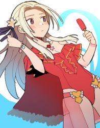 Rule 34 | 1girl, blush, breasts, cape, closed mouth, do m kaeru, edelgard von hresvelg, fire emblem, fire emblem: three houses, fire emblem heroes, food, frilled one-piece swimsuit, frills, hair ornament, hair ribbon, long hair, nintendo, official alternate costume, one-piece swimsuit, popsicle, purple eyes, red cape, red one-piece swimsuit, ribbon, simple background, solo, swimsuit, white hair