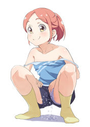Rule 34 | 1girl, bad id, bad pixiv id, blush, collarbone, commentary request, hayyan, highres, looking at viewer, original, panties under shorts, pee, pee stain, peeing, peeing self, shorts, simple background, smile, socks, solo, squatting, white background, yellow socks
