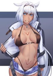 Rule 34 | 1girl, absurdres, animal ears, belt, bikini, black bikini, black hairband, blue eyes, body markings, breasts, caenis (fate), cleavage, clothes pull, collarbone, commentary, cropped jacket, cutoffs, dark-skinned female, dark skin, denim, denim shorts, dog tags, fate/grand order, fate (series), grin, groin, hair between eyes, hair intakes, hairband, highleg, highleg bikini, highres, jacket, jacket pull, large breasts, long hair, long sleeves, looking at viewer, navel, off shoulder, open belt, open clothes, open jacket, open shorts, sakuya (liao kj), short shorts, shorts, sidelocks, single bare shoulder, smile, solo, standing, stomach, studded belt, studded jacket, swimsuit, teeth, very long hair, white background, white hair