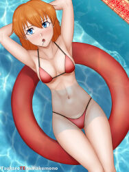 Rule 34 | 1girl, absurdres, afloat, alternate hairstyle, armpits, arms behind head, bikini, blue eyes, blush, breasts, candy, cleavage, commentary, curvy, english commentary, food, gluteal fold, highres, legs, long hair, looking at viewer, medium breasts, navel, neon genesis evangelion, no headgear, open mouth, orange hair, pool, red bikini, signature, solo, souryuu asuka langley, swimsuit, thighs, thong bikini, toned, tsukare (ttsukae), water, wide hips