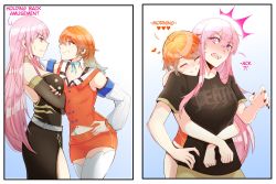 Rule 34 | 2girls, blush, breasts, closed eyes, closed mouth, clothes writing, commentary, english commentary, english text, heart, highres, hololive, hololive english, hug, hug from behind, lionrunner1, long hair, mori calliope, multiple girls, orange hair, parted lips, pink eyes, pink hair, purple eyes, split mouth, standing, takanashi kiara, teeth, upper teeth only, virtual youtuber, yuri