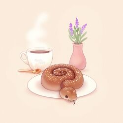 Rule 34 | artist name, brown background, cinnamon roll, coffee, coffee cup, commentary, cup, disposable cup, english commentary, flower, foodification, ida (floofyfluff), no humans, original, plant, plate, potted plant, purple flower, snake, spoon