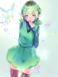 Rule 34 | 1girl, bad id, bad pixiv id, blue eyes, fairy, green hair, green skirt, highres, looking at viewer, nintendo, pointy ears, red hod, ribbed sweater, saria (zelda), short hair, skirt, smile, solo, standing, sweater, the legend of zelda, the legend of zelda: ocarina of time, thighhighs