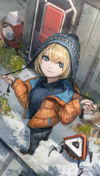 Rule 34 | 1girl, absurdres, animification, apex legends, beanie, blonde hair, blue eyes, down jacket, from above, hair between eyes, hashimoto kokai, hat, highres, in-universe location, jacket, outdoors, road, short hair, solo, street, wattson (apex legends)