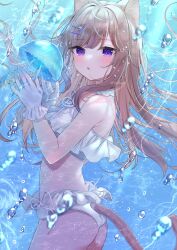 Rule 34 | 1girl, air bubble, animal ear fluff, animal ears, ass, bare shoulders, bikini, blush, brown hair, bubble, cat ears, cat girl, cat tail, commentary request, from side, gloves, hair ornament, hairclip, hands up, highres, jellyfish, jewelry, leo (mafuyu), long hair, looking at viewer, looking to the side, mafuyu (chibi21), multicolored hair, original, parted lips, purple eyes, purple hair, ring, signature, solo, streaked hair, swimsuit, tail, underwater, very long hair, white bikini, white gloves