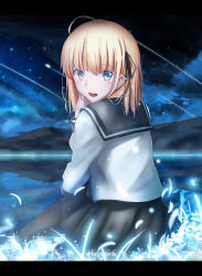 Rule 34 | 1girl, :d, absurdres, artoria pendragon (all), artoria pendragon (fate), bad id, bad pixiv id, black pantyhose, black ribbon, blue eyes, blush, fate/stay night, fate (series), glowing, hair ribbon, highres, looking at viewer, magicians (zhkahogigzkh), open mouth, pantyhose, ribbon, saber (fate), school uniform, serafuku, shooting star, sitting, smile, solo