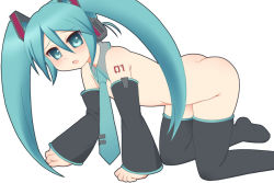 Rule 34 | 1girl, all fours, aqua eyes, aqua hair, ass, black thighhighs, detached collar, detached sleeves, hair between eyes, hatsune miku, kurappii, nude, shoulder tattoo, solo, tattoo, thighhighs, twintails, vocaloid, white background