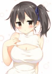 Rule 34 | 10s, 1girl, :o, alternate costume, bare shoulders, blue ribbon, blush, breasts, brown eyes, brown hair, cleavage, cleavage cutout, clothing cutout, hair ribbon, jitome, kaga (kancolle), kantai collection, large breasts, light particles, long hair, masuishi kinoto, meme attire, open-chest sweater, outline, ribbon, shima (shima je), side ponytail, sleeveless, sleeveless turtleneck, solo, sweater, taut clothes, turtleneck