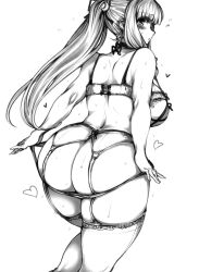 Rule 34 | 1girl, ass, blush, bra, breasts, butt crack, commentary request, curvy, flying sweatdrops, fujiwara no mokou, garter belt, garter straps, greyscale, haseru (ginku mh), heart, highres, large breasts, long hair, monochrome, panties, panty pull, ponytail, simple background, solo, sweat, thighhighs, touhou, underwear