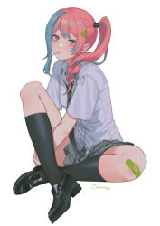 Rule 34 | 1girl, artist name, black footwear, black socks, blush, candy, closed mouth, crossed legs, duplicate, ear piercing, earrings, food, hair ornament, hairclip, hand on own leg, highres, jewelry, lollipop, looking at viewer, multicolored eyes, multicolored hair, necktie, noriuma, original, piercing, pink hair, pixel-perfect duplicate, ponytail, shirt, shoes, signature, sitting, skirt, sleeveless, socks, solo, white background, white shirt