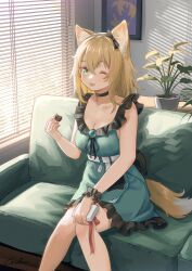 Rule 34 | 1girl, ;d, absurdres, animal ears, aqua dress, aqua eyes, arknights, bare arms, bare shoulders, black choker, blonde hair, breasts, choker, cleavage, commentary request, dress, feet out of frame, food, highres, holding, holding food, indoors, long hair, looking at viewer, medium breasts, one eye closed, open mouth, plant, podenco (arknights), podenco (wake up from a nap) (arknights), potted plant, short dress, sitting, sleeveless, sleeveless dress, smile, solo, tail, welt (kinsei koutenkyoku), window blinds