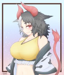 Rule 34 | 1girl, animal ears, animal print, artist name, bare shoulders, black hair, blue background, blush, breasts, cleavage, collarbone, commentary request, cow ears, cow horns, cow print, cow tail, crop top, cube85, fang, fang out, frills, gradient background, haori, highres, horns, huge breasts, japanese clothes, long sleeves, looking at viewer, midriff, multicolored hair, navel, off shoulder, outside border, pink background, purple background, red eyes, short hair, signature, silver hair, smile, solo, split-color hair, sports bra, stomach, tail, thick eyebrows, touhou, two-tone hair, upper body, ushizaki urumi, wide sleeves