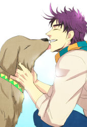 Rule 34 | 1boy, alternate costume, animal, battle tendency, blue scarf, casual, collar, dog, jojo no kimyou na bouken, joseph joestar, joseph joestar (young), kine (warabi mk501), licking, licking another&#039;s face, male focus, multicolored clothes, multicolored scarf, orange scarf, purple hair, scarf, striped clothes, striped scarf, triangle print