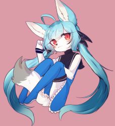 Rule 34 | 1girl, :3, ahoge, animal ears, animal nose, bare shoulders, bat ears, between legs, blue dress, blue footwear, blue hair, blush, body fur, borrowed character, closed mouth, commentary request, dress, eyelashes, fictional persona, flat chest, fox, fox girl, fox tail, full body, furry, furry female, hair between eyes, highres, korean commentary, long hair, looking to the side, original, pink background, red eyes, ressue (gomgom), simple background, sisimaru (sbi arki), snout, solo, tail, tail between legs, twintails, white fur