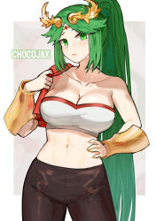 Rule 34 | 1girl, alternate hairstyle, artist name, bandeau, bare shoulders, black pants, bracer, breasts, chocojax, cleavage, collarbone, commentary, cowboy shot, green eyes, green hair, hand on own hip, highres, kid icarus, large breasts, leggings, long hair, looking at viewer, midriff, navel, nintendo, palutena, pants, ponytail, solo, standing, stomach, strapless, thighs, tube top, very long hair