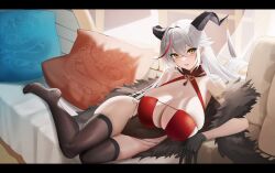 Rule 34 | 1girl, absurdres, aegir (azur lane), aegir (golden dragon among auspicious clouds) (azur lane), azur lane, bare shoulders, black fur, black gloves, black thighhighs, blush, breasts, china dress, chinese clothes, cleavage, couch, dragon, dress, eastern dragon, garter straps, gloves, highres, horn ornament, horns, huge breasts, long hair, looking at viewer, maochemaochemaocheren, multicolored hair, official alternate costume, on couch, smile, solo, streaked hair, thighhighs, thighs, very long hair, white hair, yellow eyes