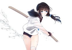 Rule 34 | 1girl, black hair, black one-piece swimsuit, black sailor collar, blue eyes, blue neckwear, blue scrunchie, blush, candy, closed mouth, commentary request, food, food in mouth, hair ornament, hair scrunchie, holding, holding sword, holding weapon, katana, kiyomin, lollipop, long hair, long sleeves, mouth hold, one-piece swimsuit, original, sailor collar, school uniform, scrunchie, serafuku, sheath, shirt, sidelocks, simple background, single thighhigh, skindentation, solo, swimsuit, swimsuit under clothes, sword, thighhighs, water, weapon, white background, white shirt, white thighhighs