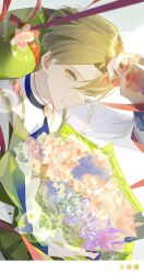 Rule 34 | 1boy, alfred (fire emblem), blonde hair, bouquet, closed mouth, fire emblem, fire emblem engage, flower, green eyes, hair over one eye, highres, holding, holding bouquet, long sleeves, looking at viewer, male focus, nintendo, short hair, solo, white background, xun 32