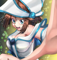 Rule 34 | 1girl, absurdres, blue eyes, blurry, blurry foreground, breasts, brown hair, cleavage, cosplay, dark magician girl, dark magician girl (cosplay), hat, highres, large breasts, looking at viewer, mazaki anzu, medium hair, open mouth, solo, talsinc, upper body, wizard hat, yu-gi-oh!, yu-gi-oh! duel monsters