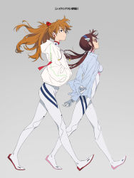 Rule 34 | 2girls, absurdres, airpods, ass, blouse, blue eyes, blue hairband, blue shirt, bodysuit, bodysuit under clothes, breasts, commentary, english commentary, evangelion: 3.0+1.0 thrice upon a time, closed eyes, floating hair, from side, full body, glasses, grey background, hair behind ear, hairband, hands in pockets, highres, hood, hooded jacket, jacket, long hair, low twintails, makinami mari illustrious, multiple girls, neon genesis evangelion, pilot suit, plugsuit, rebuild of evangelion, shirt, sidney deng, simple background, skin tight, small breasts, smile, souryuu asuka langley, twintails, two side up, very long hair, walking, white jacket, wide hips, wireless earphones