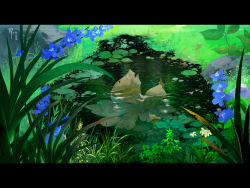 Rule 34 | bluebell (flower), flower, leaf, letterboxed, lily pad, mugon, nature, no humans, original, pond, scenery, water