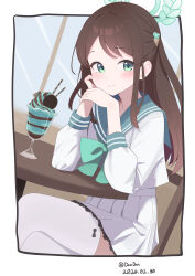 Rule 34 | 1girl, absurdres, airi (blue archive), black hair, blue archive, blush, closed mouth, dandan (uaee4742), dated, food, green eyes, green halo, green sailor collar, hair ornament, halo, highres, long hair, long sleeves, looking at viewer, mint chocolate, parfait, pleated skirt, sailor collar, sitting, skirt, smile, solo, thighhighs, twitter username, white skirt, white thighhighs