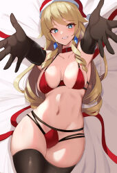 Rule 34 | 1girl, bed sheet, bikini, black gloves, black thighhighs, blonde hair, blue eyes, breasts, breasts apart, christmas, commentary request, dangle earrings, drill hair, drill sidelocks, earrings, elbow gloves, fur-trimmed headwear, fur trim, genshin impact, gloves, haneramu, hat, highres, jewelry, large breasts, long hair, looking at viewer, lying, multi-strapped bikini bottom, navel, navia (genshin impact), on back, outstretched arms, reaching, reaching towards viewer, red bikini, red hat, red ribbon, ribbon, santa bikini, santa hat, sidelocks, smile, solo, swimsuit, thighhighs