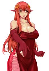 Rule 34 | 1girl, absurdres, bare shoulders, breasts, cleavage, collarbone, commission, commissioner upload, cowboy shot, curtains, dress, elbow gloves, fingernails, gloves, hair between eyes, hair ornament, highres, indoors, lamia, large breasts, lipstick, long hair, makeup, miia (monster musume), monster girl, monster musume no iru nichijou, pointy ears, red hair, scales, scribblesquab, shiny skin, sidelocks, slit pupils, solo, yellow eyes