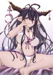 Rule 34 | antenna hair, barefoot, bikini, black hair, breasts, cleavage, crescent, danua, draph, granblue fantasy, hair between eyes, highres, horns, large breasts, long hair, looking at viewer, on bed, oppai loli, pointy ears, red eyes, solo, swimsuit, teriton