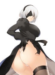 Rule 34 | 1girl, ass, bad id, bad pixiv id, black dress, black gloves, black thighhighs, blindfold, breasts, closed mouth, cowboy shot, dress, from behind, gloves, hairband, highres, huge ass, juliet sleeves, large breasts, long sleeves, looking at viewer, looking back, nier:automata, nier (series), panties, puffy sleeves, short hair, simple background, solo, thighhighs, two-sided fabric, two-sided skirt, underwear, white background, white hair, white panties, x&amp;x&amp;x, 2b (nier:automata)