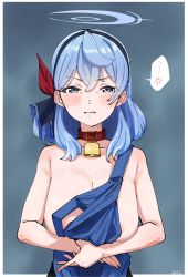 Rule 34 | ..., 1girl, absurdres, ako (blue archive), anger vein, apron, bare shoulders, bell, blue archive, blue eyes, blue hair, blush, breasts, cleavage, clenched teeth, collar, hair ribbon, hairband, halo, highres, hizikit, large breasts, long hair, looking at viewer, neck bell, ribbon, solo, spoken anger vein, spoken ellipsis, teeth