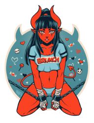Rule 34 | 1girl, black hair, blue panties, body piercings, breasts, chained wrists, colored skin, crop top, demon girl, demon horns, demon tail, earrings, facial mark, flat color, hand wraps, heart, heart-shaped pupils, horns, iahfy, jewelry, long hair, looking at viewer, medium breasts, midriff, navel, original, panties, pointy ears, ponytail, red skin, scar, scar across eye, solo, symbol-shaped pupils, synth (iahfy), tail, underwear