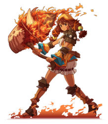 Rule 34 | 1girl, belt, bloomers, boots, brown eyes, crshe, crshe (ys), detached sleeves, falcom, fire, full body, hammer, knee boots, long hair, low-tied long hair, michairu, orange theme, red hair, sandals, serious, short hair, solo, tattoo, twintails, underwear, white background, ys, ys seven