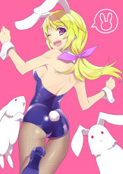 Rule 34 | 10s, 1girl, animal ears, ass, back, bare shoulders, blonde hair, bow, rabbit, charlotte dunois, fake animal ears, fishnet pantyhose, fishnets, hair bow, infinite stratos, leotard, long hair, one eye closed, open mouth, pantyhose, playboy bunny, pochi (pochi-goya), ponytail, purple eyes, rabbit ears, rabbit tail, solo, tail, wink, wrist cuffs