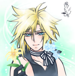 Rule 34 | 1990s (style), 1boy, androgynous, bad id, bad pixiv id, bare shoulders, blonde hair, blue eyes, bow, choker, cloud strife, final fantasy, final fantasy vii, flower, gloves, male focus, popped collar, shinzui (fantasysky7), single wing, smile, solo, squid, translation request, wings