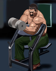 Rule 34 | 1boy, belt, black hair, brown footwear, capcom, concentrating, dark background, dumbbell, exercising, closed eyes, facial hair, facing viewer, final fight, green pants, highres, indoors, male focus, manly, mike haggar, muscular, mustache, old, old man, pants, sitting, taka (takahirokun), topless male, veins, weightlifting