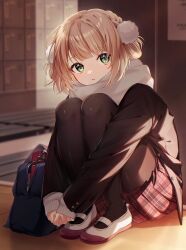 Rule 34 | 1girl, bag, black jacket, black pantyhose, blonde hair, blunt bangs, blush, commentary request, full body, green eyes, hair ornament, hair rings, highres, hugging own legs, indie virtual youtuber, indoors, interlocked fingers, jacket, long sleeves, looking at viewer, mochimiya (coyo), own hands clasped, own hands together, pantyhose, parted lips, plaid, plaid skirt, pleated skirt, pom pom (clothes), pom pom hair ornament, red skirt, scarf, school, school bag, school uniform, shigure ui (vtuber), short hair, skirt, solo, squatting, valentine, virtual youtuber, white scarf