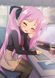 Rule 34 | 1girl, alternate costume, black pantyhose, black ribbon, black sweater, blush, breasts, brown skirt, chair, closed eyes, commentary request, cup, hair ribbon, highres, hiiragi kagami, hotaru iori, id card, indoors, keyboard (computer), lanyard, long hair, looking at viewer, lucky star, monitor, mouse (computer), office chair, office lady, pantyhose, parted lips, purple hair, ribbed sweater, ribbon, sitting, skirt, small breasts, solo, steam, sweater, swivel chair, turtleneck, turtleneck sweater, twintails, very long hair