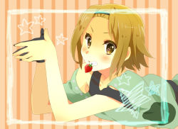 Rule 34 | 1girl, biting, brown eyes, brown hair, casual, food, fruit, k-on!, karuha, listen!!, lying, mouth hold, on stomach, short hair, solo, strawberry, tainaka ritsu, teeth hold