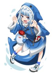 Rule 34 | 1girl, 1other, animal hood, bloop (gawr gura), blue eyes, blue hair, can, claw pose, commentary request, fingernails, fins, fish tail, gawr gura, gawr gura (1st costume), highres, hololive, hololive english, hood, multicolored hair, open mouth, shark, shark girl, shark hood, shark tail, sharp teeth, shoes, silver hair, socks, tail, tanashi (mk2), teeth, two-tone hair, virtual youtuber, white background