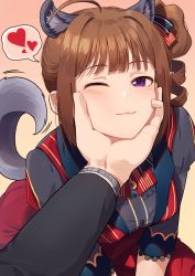 Rule 34 | 1boy, 1girl, ahoge, animal ears, black jacket, brown hair, closed mouth, commentary, dress, drill hair, hair ribbon, half-closed eye, hand on another&#039;s face, heart, highres, idolmaster, idolmaster million live!, jacket, kamille (vcx68), long sleeves, looking at viewer, medium hair, motion lines, neck ribbon, one eye closed, pov, producer (idolmaster), purple eyes, red dress, red ribbon, ribbon, side drill, side ponytail, sitting, smile, solo, spoken heart, tail, wolf ears, wolf tail, yokoyama nao