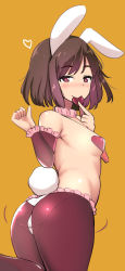 Rule 34 | 1girl, alternate costume, animal ears, arm warmers, ass, black pantyhose, blush, breasts, carrot necklace, closed mouth, collar, commentary, detached collar, feet out of frame, frilled collar, frills, heart, heart pasties, highres, inaba tewi, ippongui, jewelry, looking at viewer, looking back, meme attire, necklace, orange background, panties, pantyhose, pantylines, pasties, pink collar, rabbit ears, rabbit tail, red eyes, reverse bunnysuit, reverse outfit, short hair, simple background, small breasts, smile, solo, tail, touhou, underwear