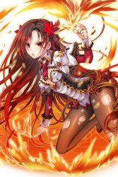 Rule 34 | 1girl, brown hair, earrings, fire, gradient hair, hair ornament, highres, jewelry, looking at viewer, magic circle, multicolored hair, nail polish, non-web source, official art, pantyhose, red eyes, red hair, red nails, sharr (soccer spirits), soccer spirits, solo, torn clothes, torn pantyhose, transparent background
