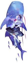 Rule 34 | 1girl, blue hair, capelet, fish, floating, frills, hat, long skirt, mary janes, nagae iku, shoes, short hair, simple background, skirt, socks, solo, starshadowmagician, surreal, touhou, white background
