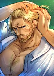 Rule 34 | 1boy, absurdres, alternate body hair, bara, cheekbones, chest hair, guile, highres, huge pectorals, kageru (mofnyan), looking at viewer, male focus, mature male, muscular, muscular male, official alternate costume, official alternate hair length, official alternate hairstyle, partially unbuttoned, pectoral cleavage, pectorals, seductive smile, smile, solo, street fighter, street fighter 6, thick eyebrows, tying hair, upper body